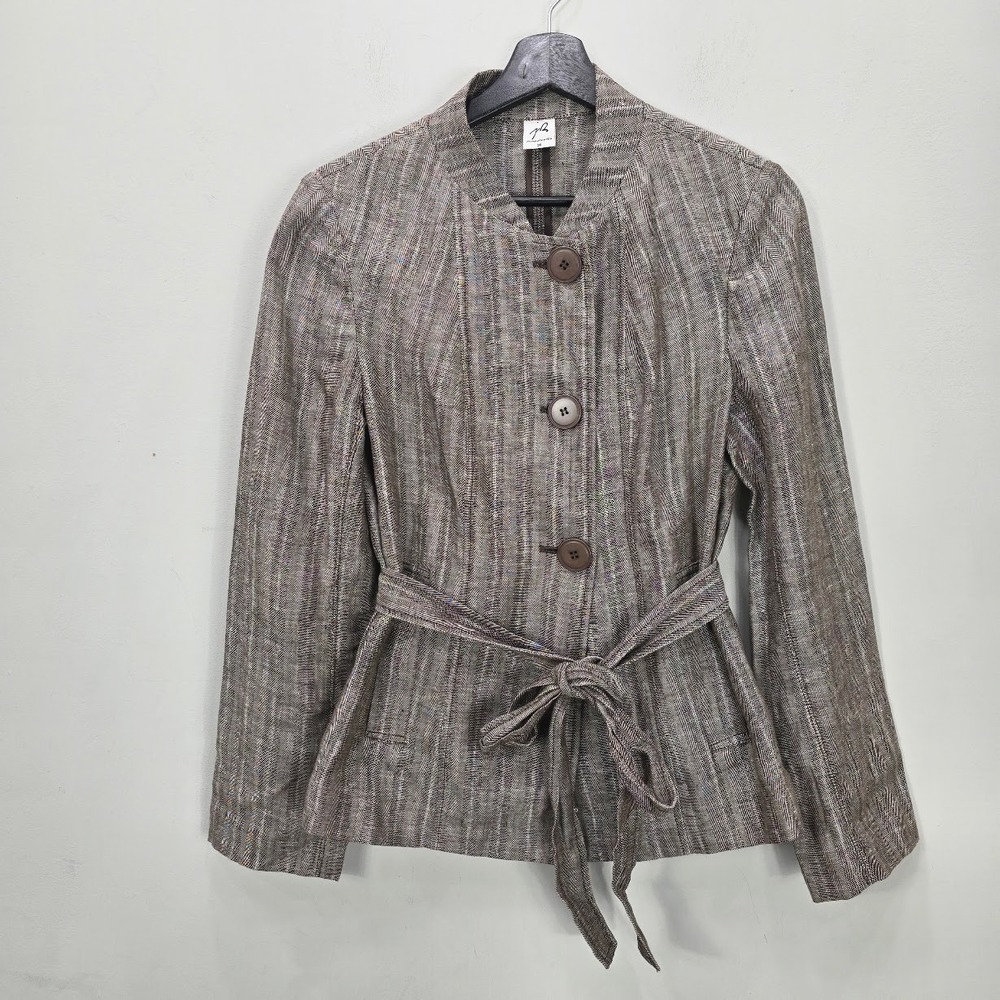 Jacqueline Riu Jacket 38 M Brown 100% Linen Belted Mandarin Collar Career Office